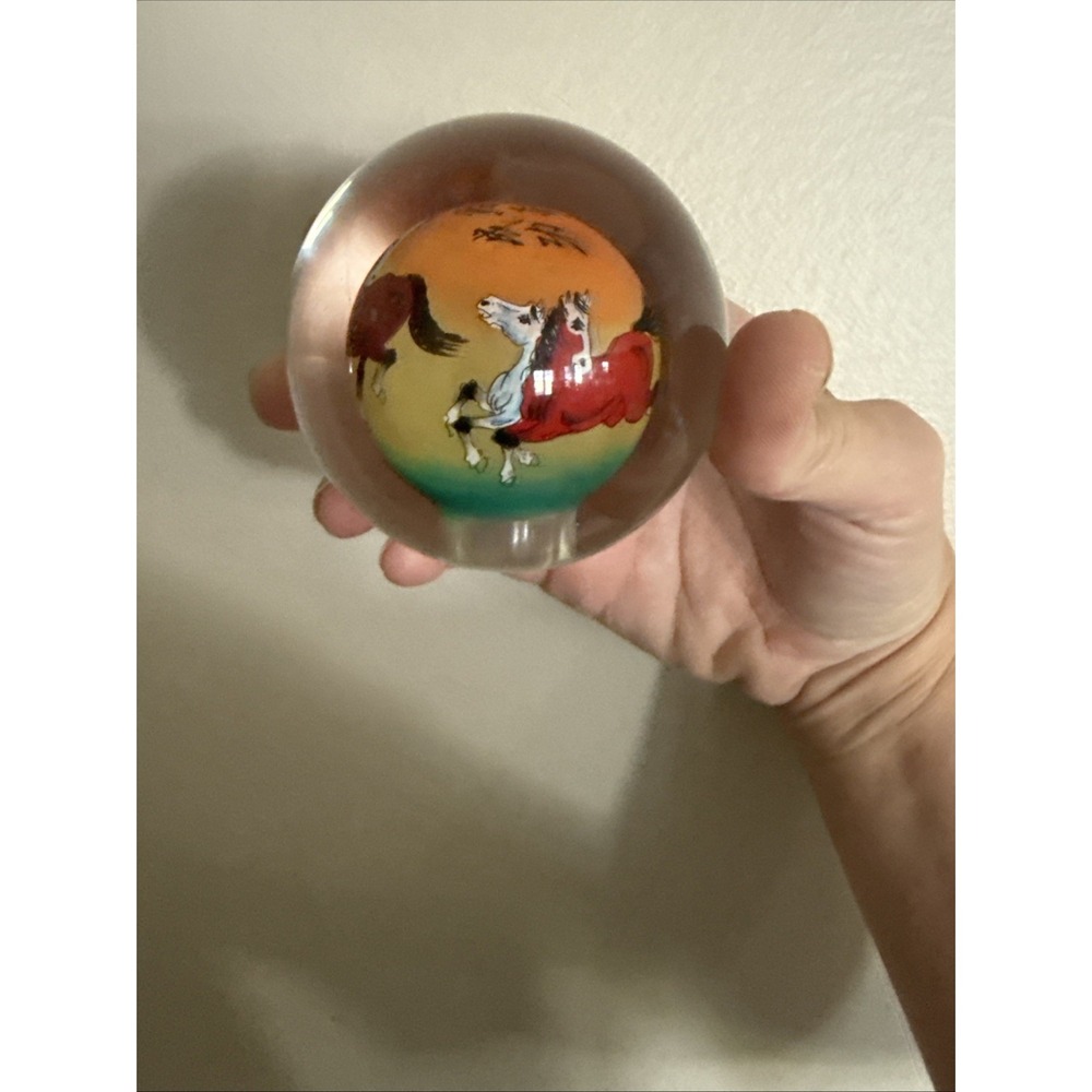 Vintage Chinese Hand Painted Reverse Art Glass Globe Horses No Base
